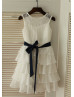 Ivory Lace Chiffon Cupcake Flower Girl Dress With Navy Blue Sash